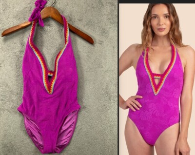 Trina Turk Tulum Womens 4 Plunge Pink One Piece Swimsuit Multi Crochet Trim NWOT