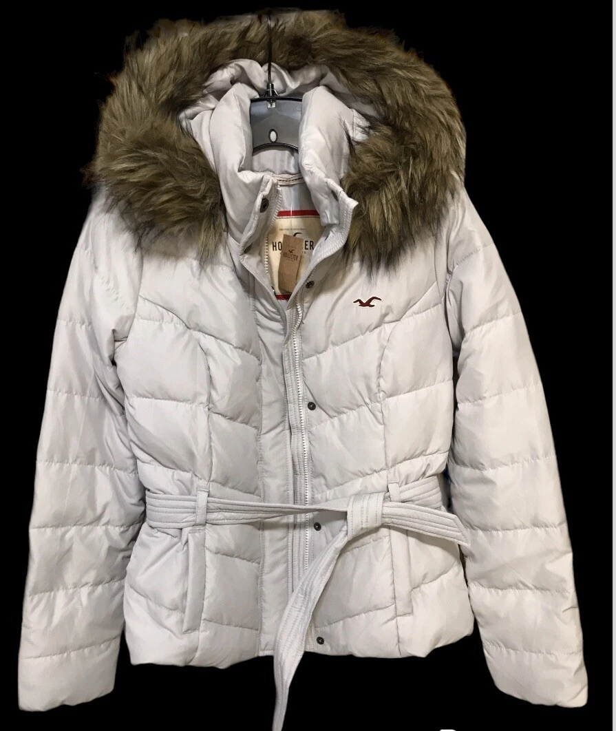 Hollister Women Bettys Down Jacket Quilted Snow Ski Fur Trim Hood Light  Gray NWT