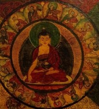 Antico Mandala tibetano con Buddha della Medicina, tempera su tela