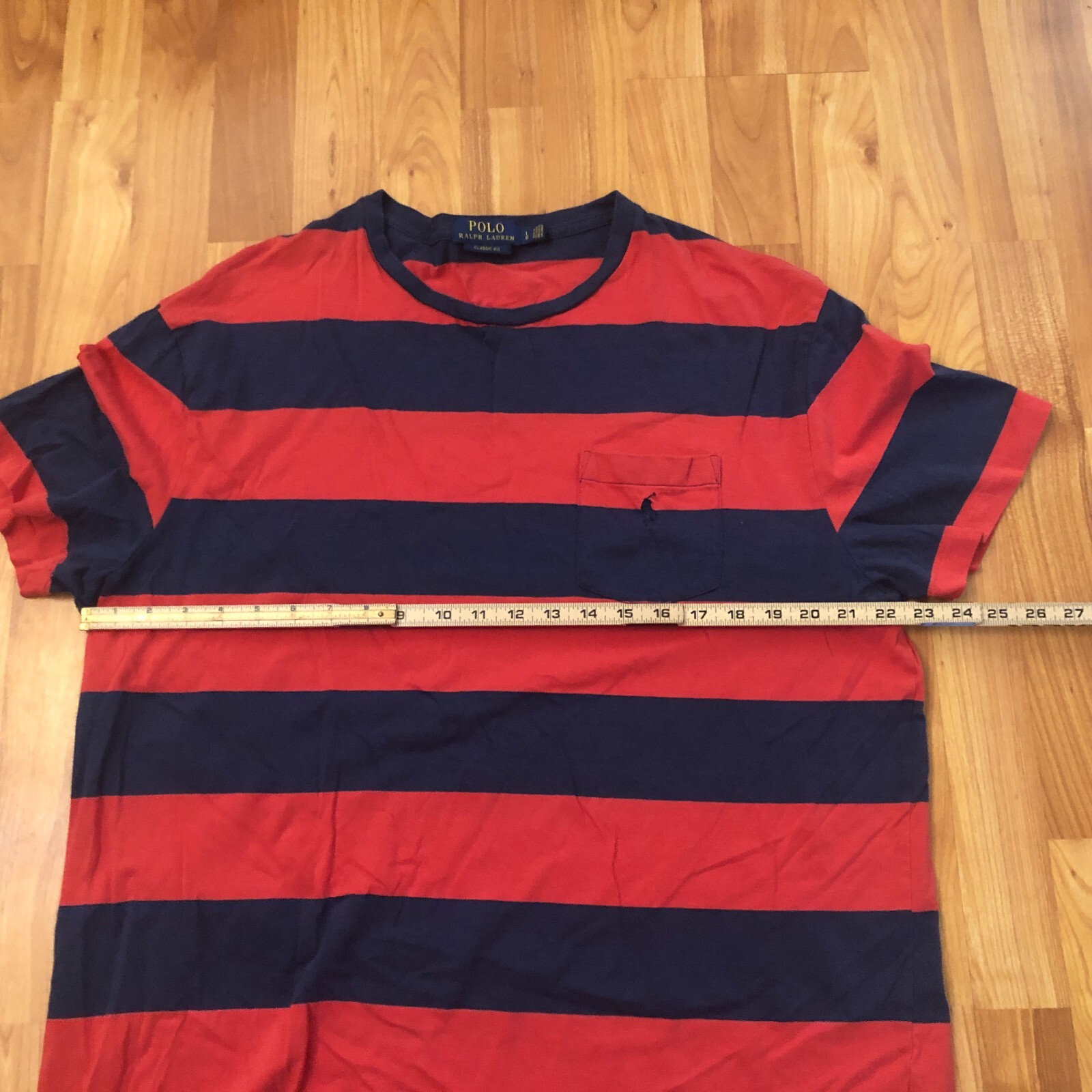 Polo uomo Ralph Lauren vestibilità classica rossa blu a righe tasca pony logo t shirt L