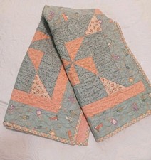 Charming Homemade Toddler or Crib Patchwork Quilt Blue Peach Pinwheels 36 x 37"