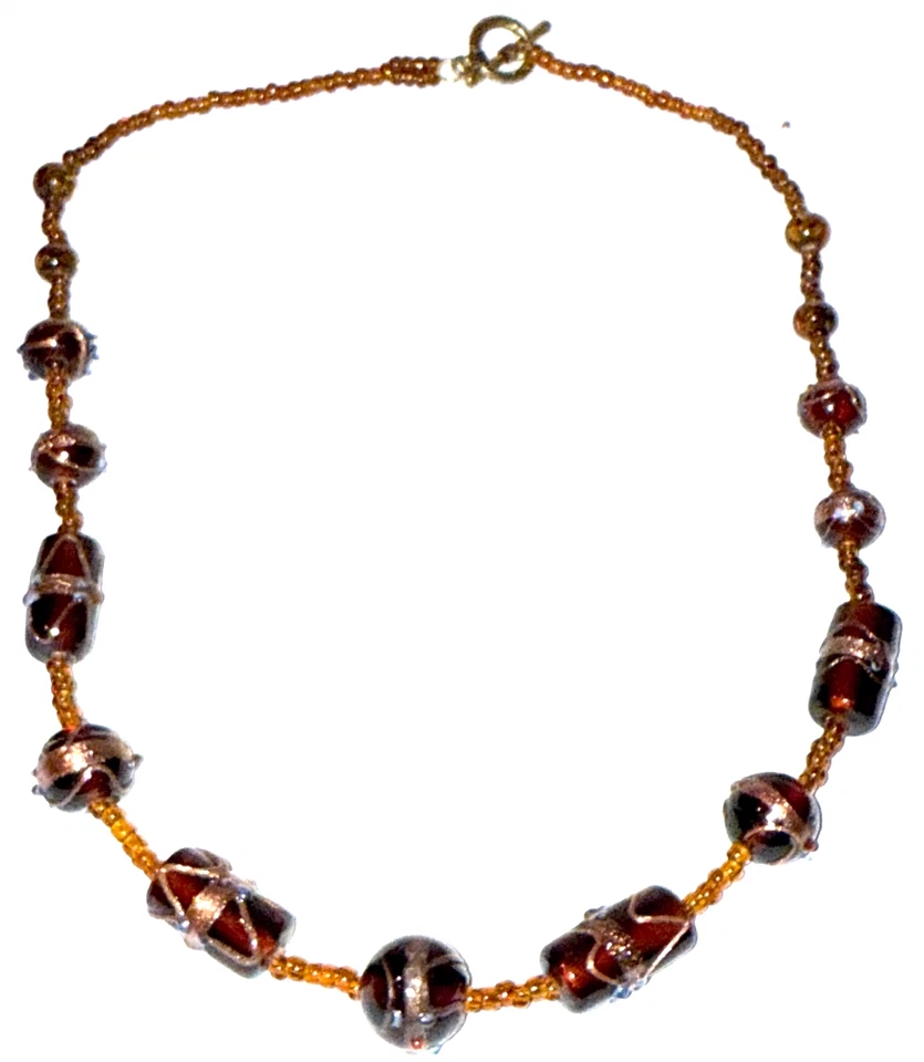 VINTAGE AMBER COLORED STUDIO ART GLASS NECKLACE EARRINGS BRACELET ARTISAN PARURE - Image 3 of 4