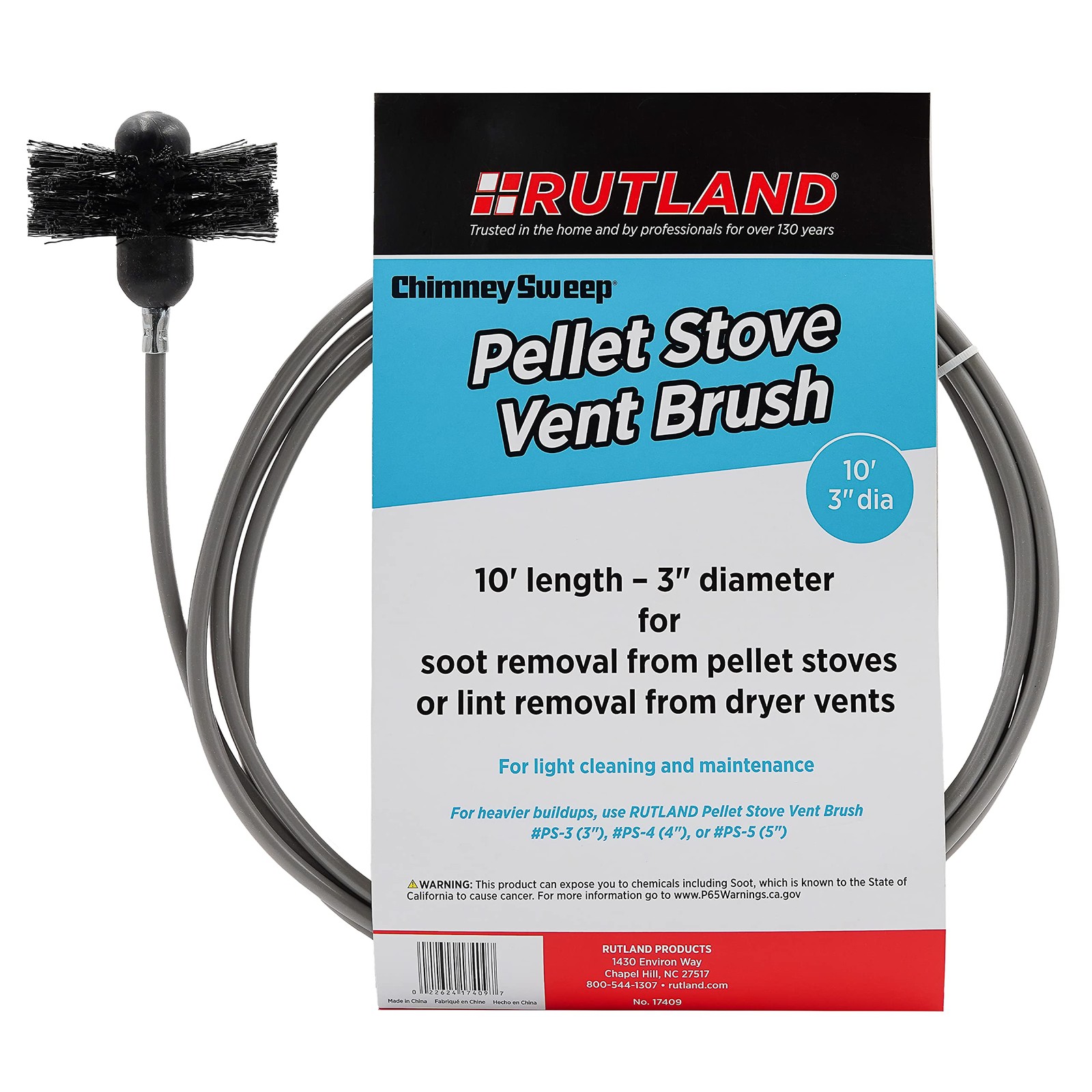 Rutland 3-Inch Pellet Stove/Dryer Vent Brush with 10-Feet Ha