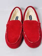 Land End Moccasins Slippers Sz 6 Red Faux Fur Lined House Wear