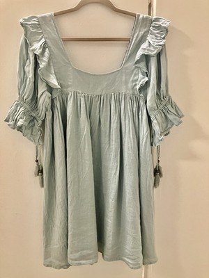 Spell & The Gypsy Collective Linen Mini Dress Seafoam Blue Ruffle Sleeve Sz  S | eBay