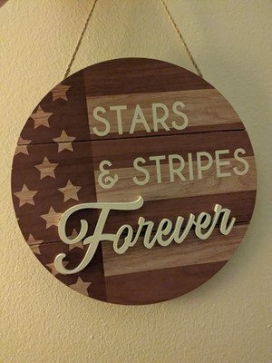 Patriotic Round Wooden Hanging Sign with Stars and Stripes American Flag