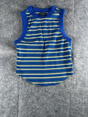 #ad Wild Fable Tank Top Small Women#x27;s Blue High Neck Sleeveless Waist Length Striped $7.22