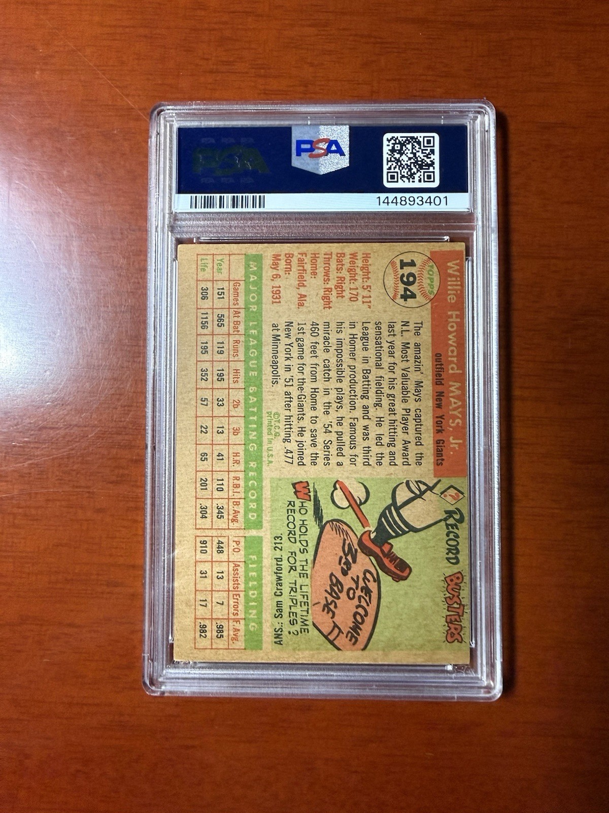 1955 Topps Willie Mays #194 PSA 4 MC view 3