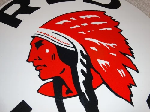 VINTAGE RED INDIAN MCCOLL FRONTENAC 11 3/4" PORCELAIN METAL CANADA, GAS OIL SIGN