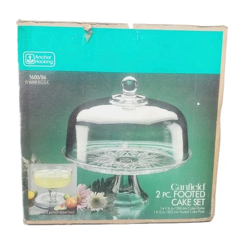 Vtg Anchor Hocking Canfield 2Pc Dome Covered Footed Cake Plate Set Punch Bowl