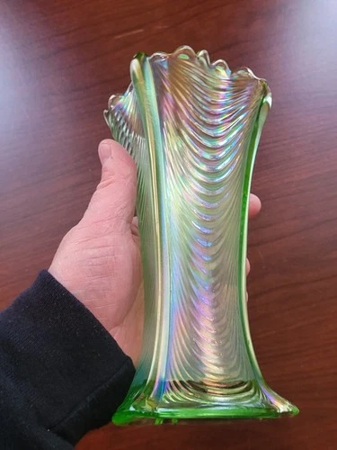 Super Signed Ice Green Northwood Carnival Glass Drapery Vase Minor Feet Flakes