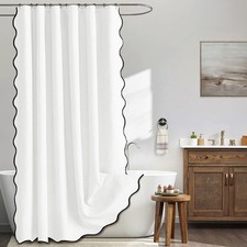 White Scalloped Shower Curtain Linen Textured with 12 Metal Hooks Cute Heavy ...