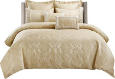 Luxury 7Pc King Duvet Cover Set - Sara Jacquard Cotton Blend, Beige Tones