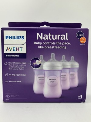Philips Avent Natural Baby Bottles Medium 3 Flow Nipple 9oz 4-Pack Purple