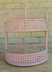 Vintage Retro Pink Rattan Wicker Small Wall Shelf Scrolls 15"Hx11.5"Wx5"D