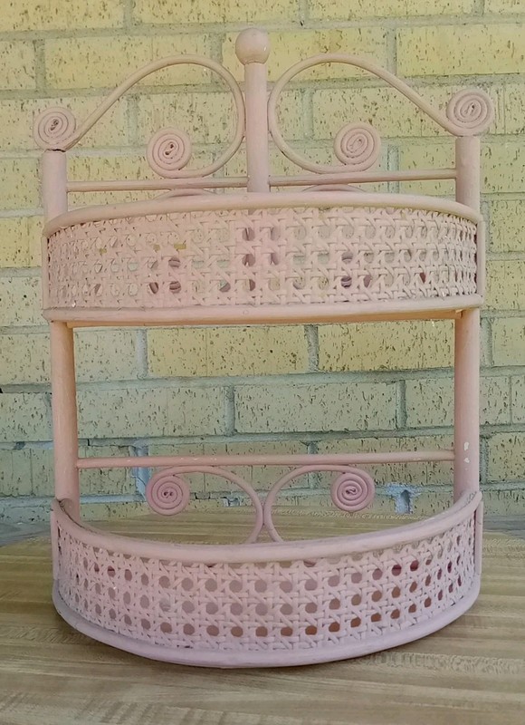 Vintage Retro Pink Rattan Wicker Small Wall Shelf Scrolls 15"Hx11.5"Wx5"D