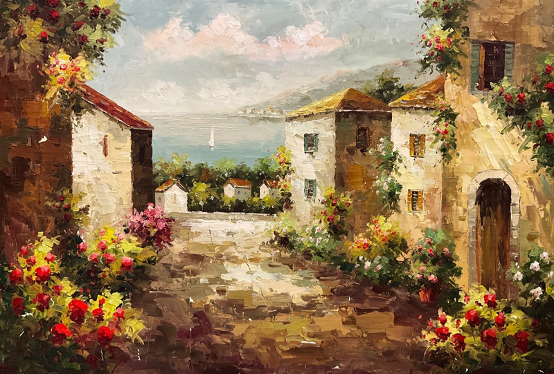 Oil Painting 24x36” Tuscany, Italy with view of water, floral and peaceful 