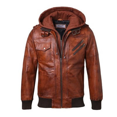 Cafe Racer Hooded Bomber Men's Distressed Brown Real Leather Biker Jacket