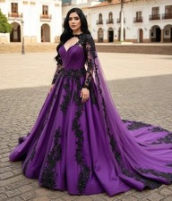 Gothic Purple Wedding Dress Black Lace Appliques Tulle Bridal Gown With Wrap