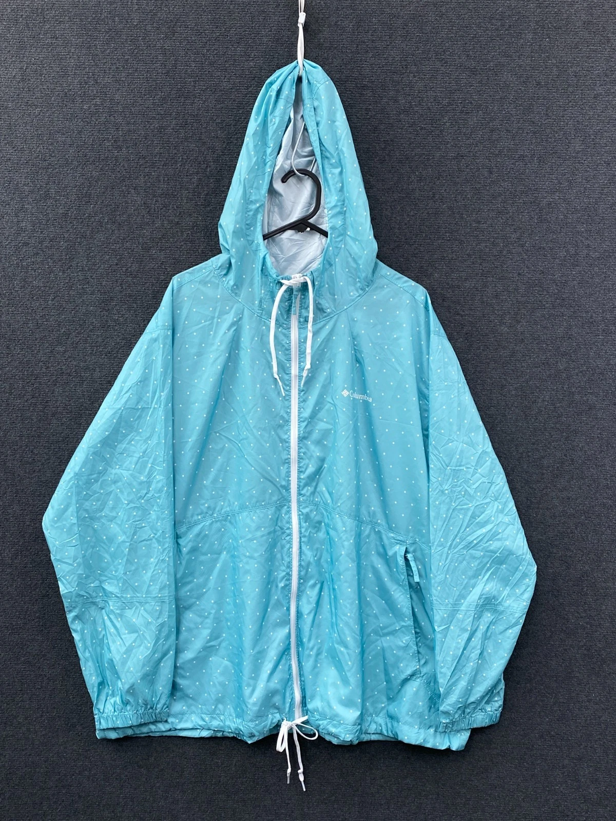 Columbia Mens Full Zip Hooded Windbreaker Jacket Aqua Mini Polka Dot Size 2X
