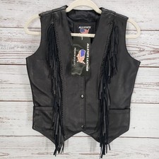 Allstate Leather New Women's Black Leather Braided Fringe Vest Size Small
