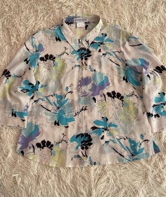 Jaeger 100% Silk Blouse Floral Print UK 18 US 16 Button Front Lightweight