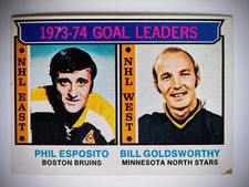 74 75 TOPPS HOCKEY GOAL LEADERS ESPOSITO / GOLDSWORTY #1