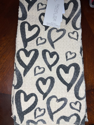 Rachel Zoe Kitchen Towels (3) HEARTS CREAM BLACK 20 X 28 100% COTTON NWT