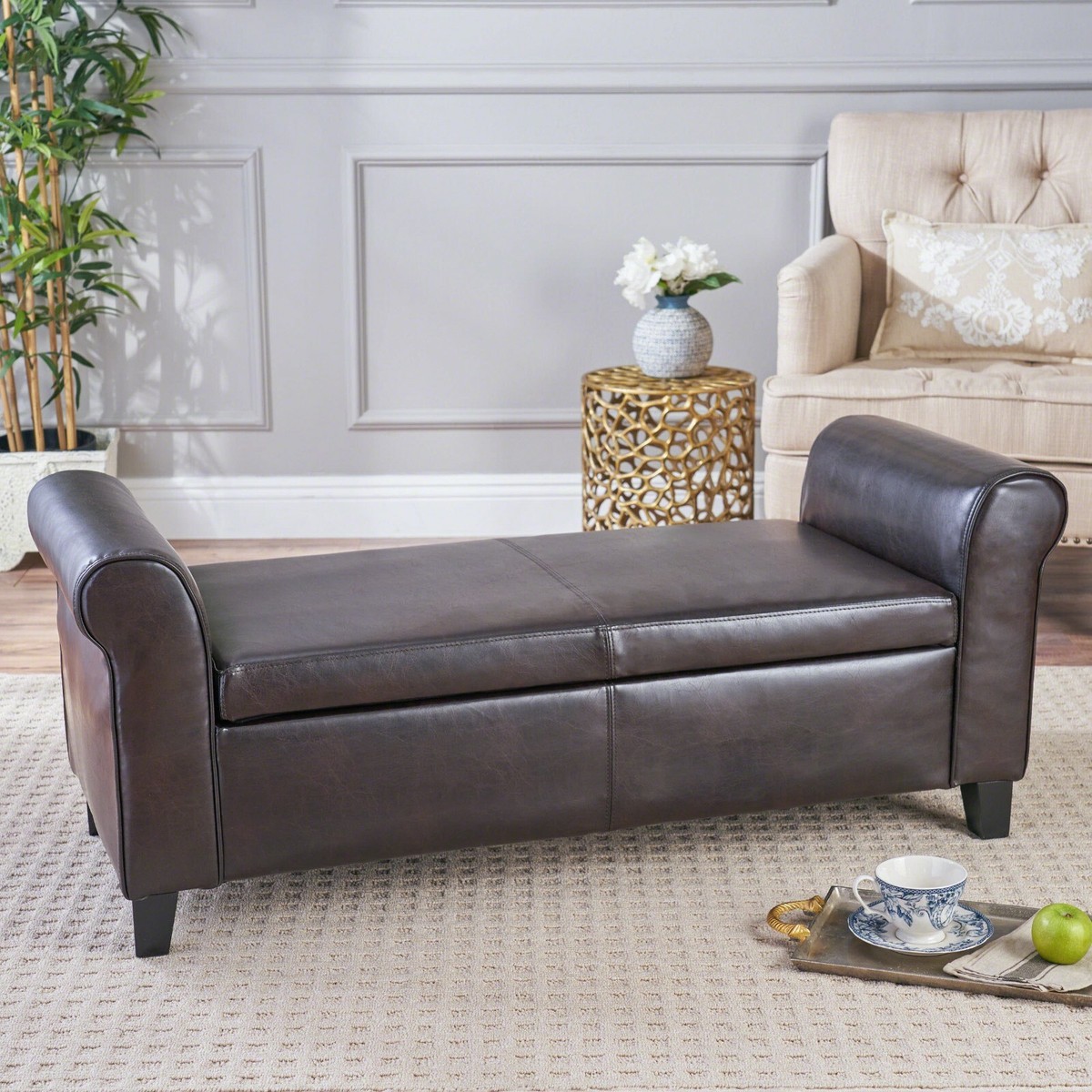 Danbury Contemporary Upholstered Storage Ottoman Bench with Rolled