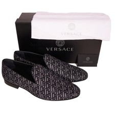 44 11 NEW $795 VERSACE Men's Black Grey LA GRECA LOGO Silk Twill SMOKING LOAFERS