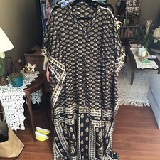 unbranded caftan, full length cover up blue with gold florals and boarder osfa