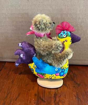 ''DEB CANHAM   CHARLOTTE S CHICKEN  BROWN MOHAIR BEAR ATOP FLOWERY CHICKEN- 4 