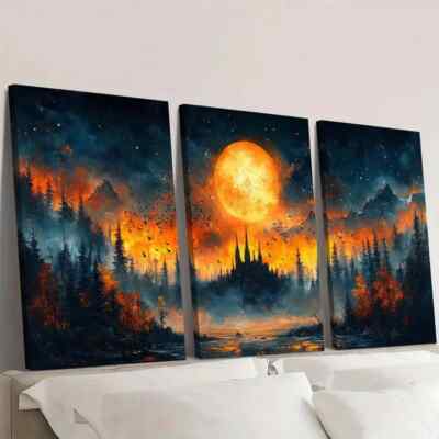 3pcs Mystical Night Scene with Full Moon Wall Art Canvas Unframed/Framed