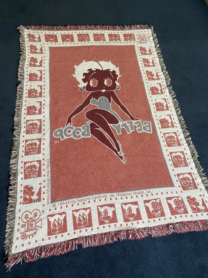 Vintage 90s Betty Boop Throw Blanket Cartoon 1994 Fringe Tapestry Pudgy Bimbo  - Image 2 of 4