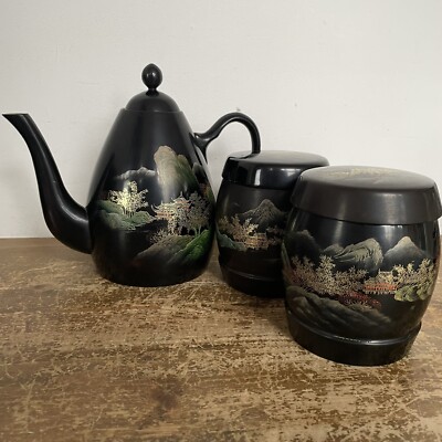Vintage Teekanne Dose China Japan Schwarz Gold Lack Malerei Maki