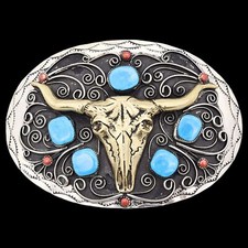 XL LARGE Longhorn Bull Skull Western Paisley Stones 1980s Vintage Belt Buckle