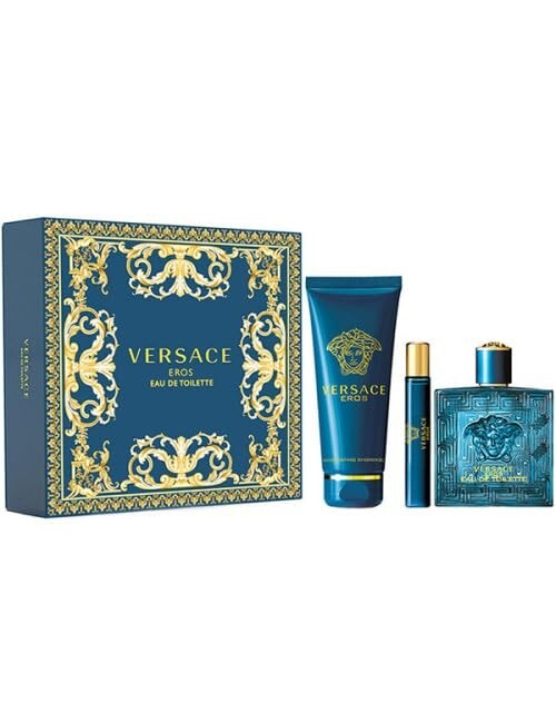Versace Eros Men's 3 Pcs Gift Set: 3.4 Oz EDT + 5 Oz  Shower Gel+ Mini 0.3 Oz