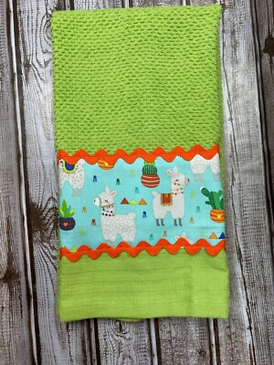 Green Mainstays Kitchen Hand Towel Llama Cactus Theme Fabric with Orange Trim 