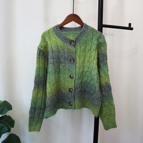 New Womens Gradient Round Neck Single Breasted Knitted pullover cardigan Sweater - Picture 1 of 16