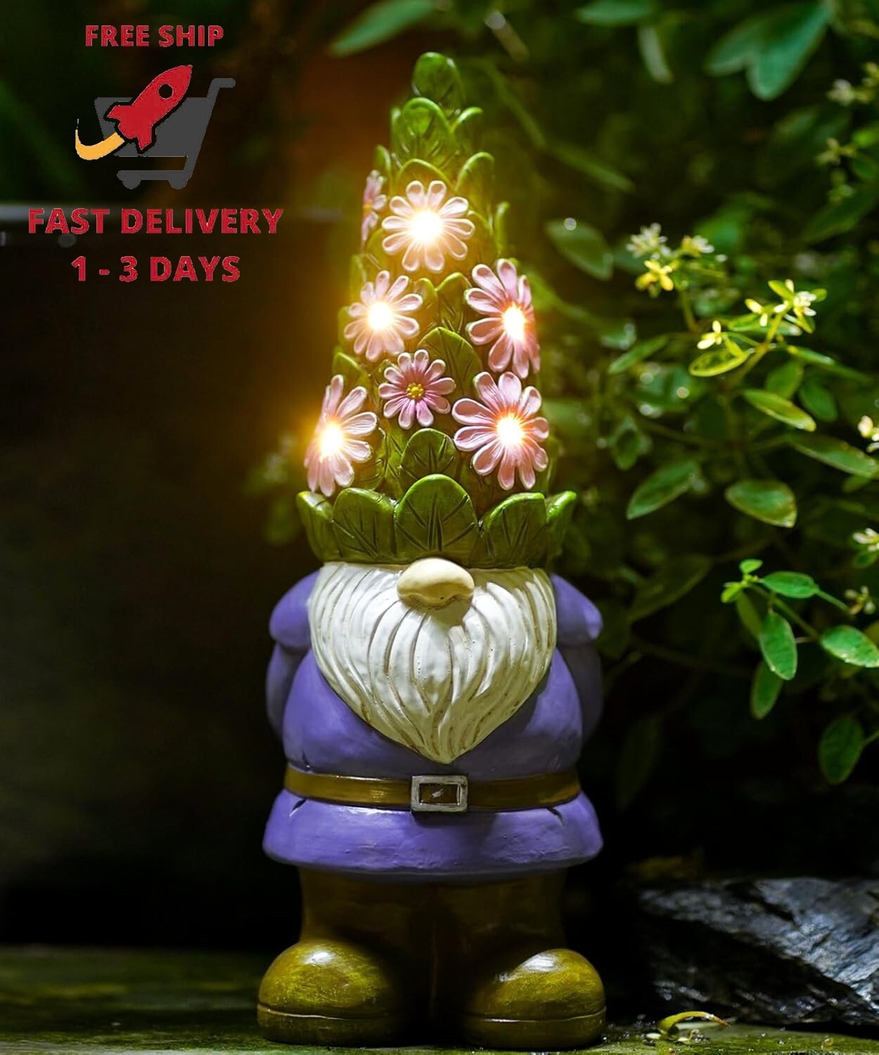 Solar garden gnome statue with succulents and 7 LED lights