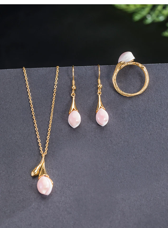 I04 Set Gioielli Fiore con Rosa Guscio Collana Ciondolo Orecchini Anello Argento - Immagine 3 di 3