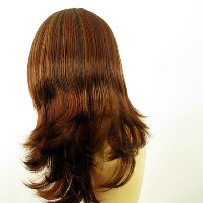 Perruque Femme Mi-longue Châtain Cuivré Mèchée Blond Clair LILI ROSE - Synthétique, Raie Libre, 50 Cm