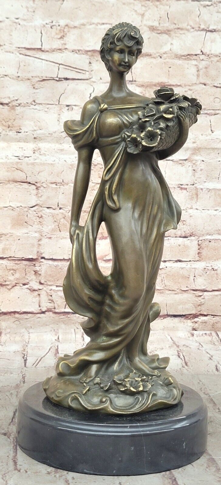 Timeless Bronze Sculpture of Woman with Flower Basket, Original Art by Milo Gift