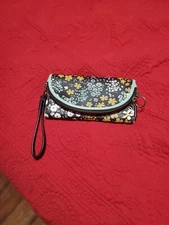 Faux Leather Flora Print Wallet / Wristlet Women With Sage Green Trim