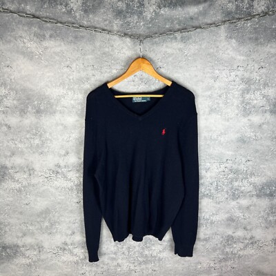 Polo Ralph Lauren Sweater Black Wool V-Neck Pullover Red Logo Size L