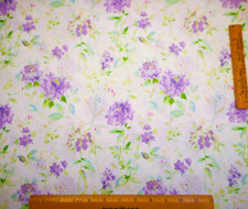 Quilt Fabric By The Yard Lavender Floral Green Blue Leaves on White Cotton
