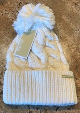 NWT Michael Kors White Cream Super Cable Knit Cuff Pom Beanie Hat