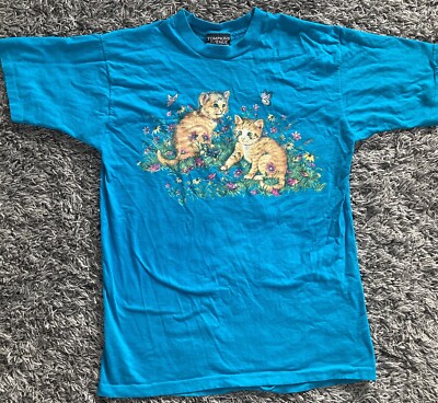 Vintage Cute Kitten Cat Butterfly Flowers Single Stitch 90s Shirt