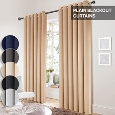 Plain Blackout Ring Top Curtains Eyelet Ready Made Thick Curtain Pair +Tie Backs