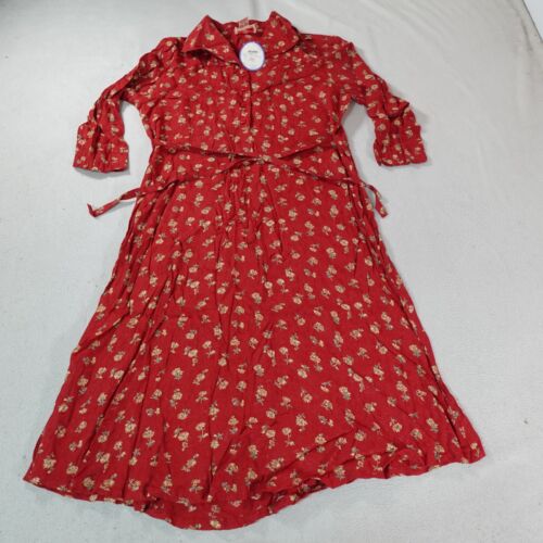 April Cornell Midi Dress Womens Large Red Prairie Button Embroidered Floral New
